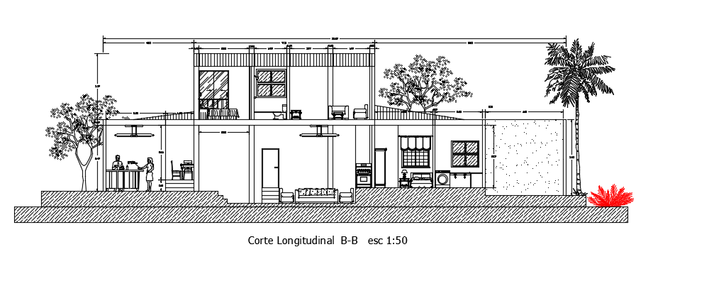 The left side cut section view of the 12x20m two story villa house building