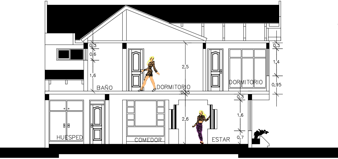 The left side cut section view of the 18x16m architecture house building