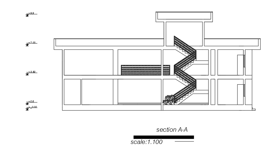 The left side cut section view of the 18x19m architecture 5bhk duplex house building