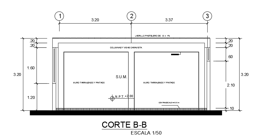 The left side cut section view of the 20x7m college conference hall building