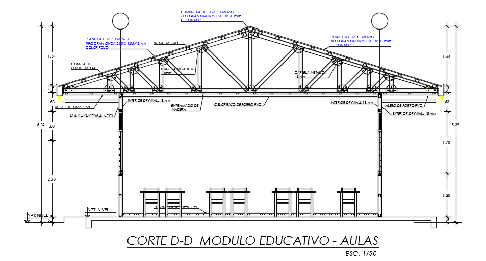 The left side cut section view of the 24x8m college building Autocad drawing