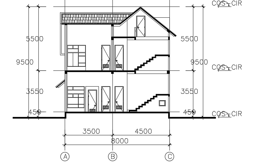 The left side cut section view of the 25x10m residential 3bhk house building