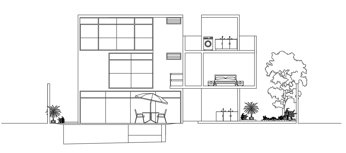 The left side cut section view of the 37x2m villa building