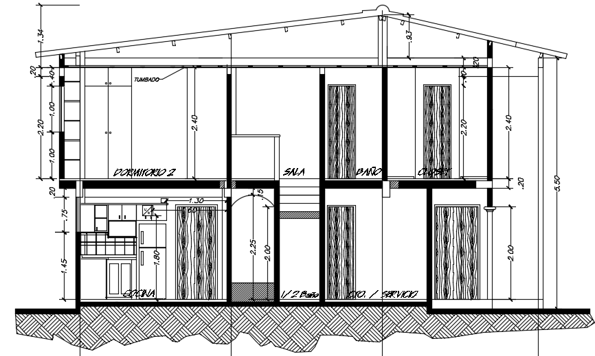 The left side cut section view of the 7x10m architecture two story house building cad drawing