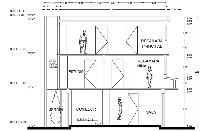 The left side cut section view of the 7x11m house building cad drawing