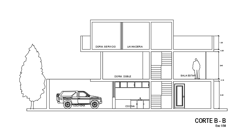 The left side cut section view of the 8x15m architecture 3 story house building cad drawing