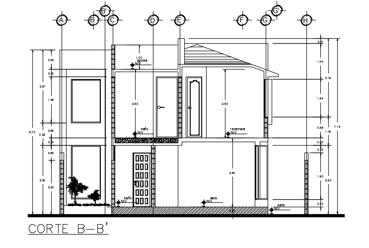 The left side cut section view of the 8x7m house building
