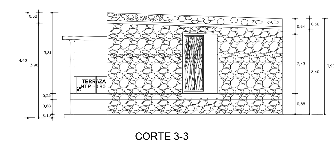 The left side cut section view of the 8x7m single story house building