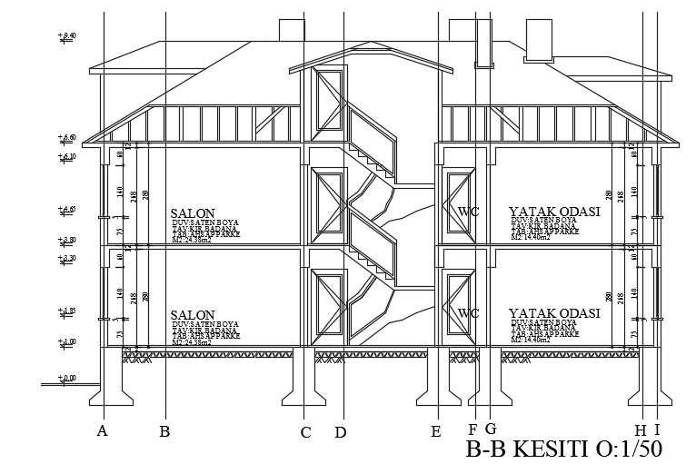 The left side cut section view of the 9x15m house building