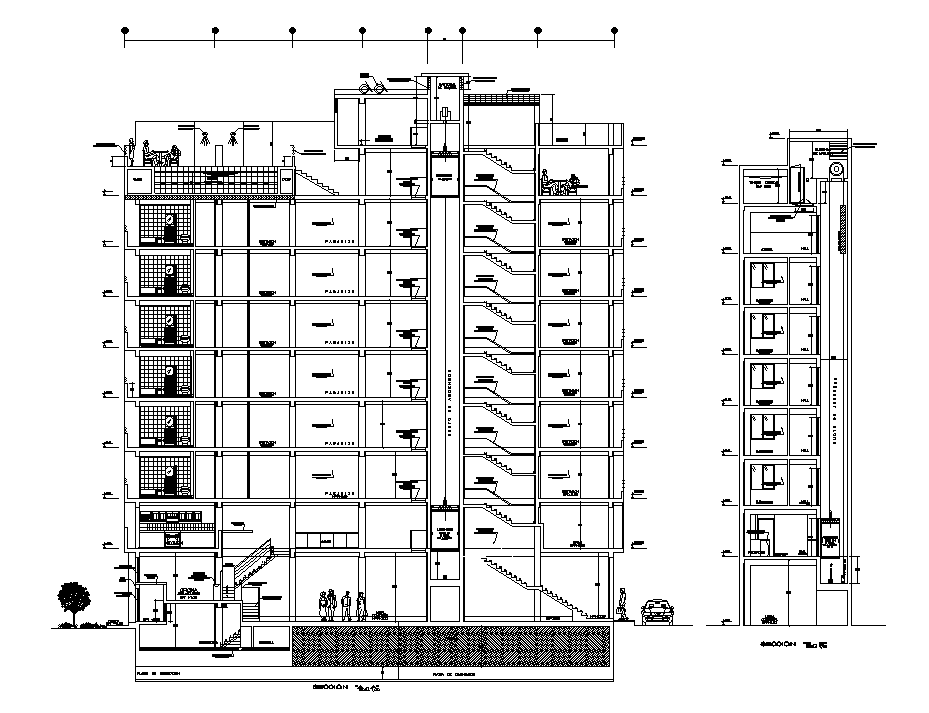 The left side elevation of the 28x8m commercial building is given in this AutoCAD drawing model.