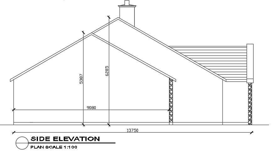 The left side elevation view of the13x20m house building AutoCAD drawing
