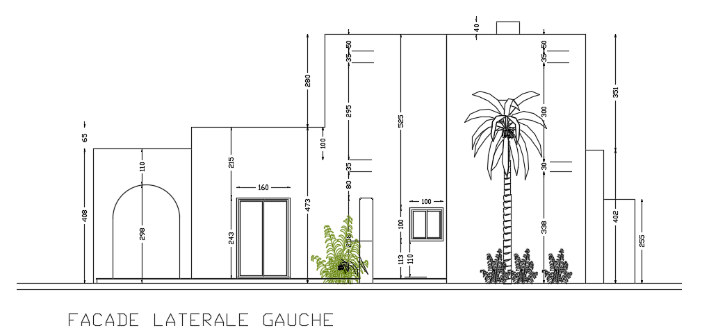 The left side elevation view of the 16x15m bungalow house building