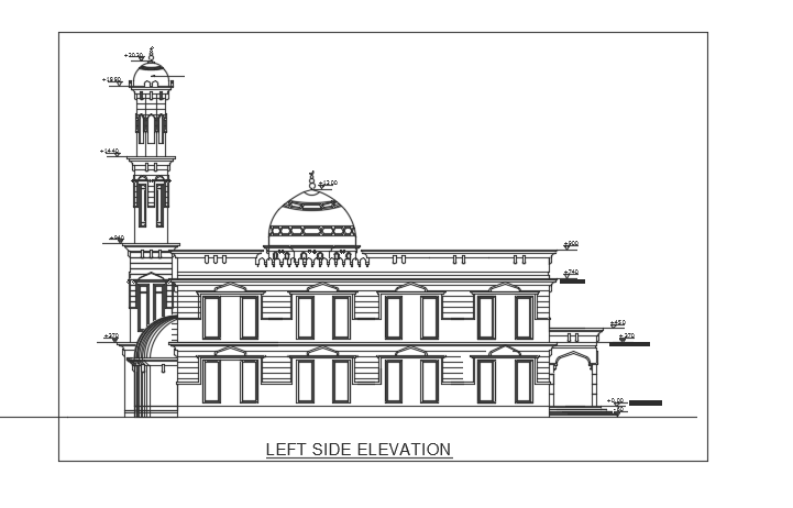 The left side elevation view of the 16x25m mosque building Autocad model
