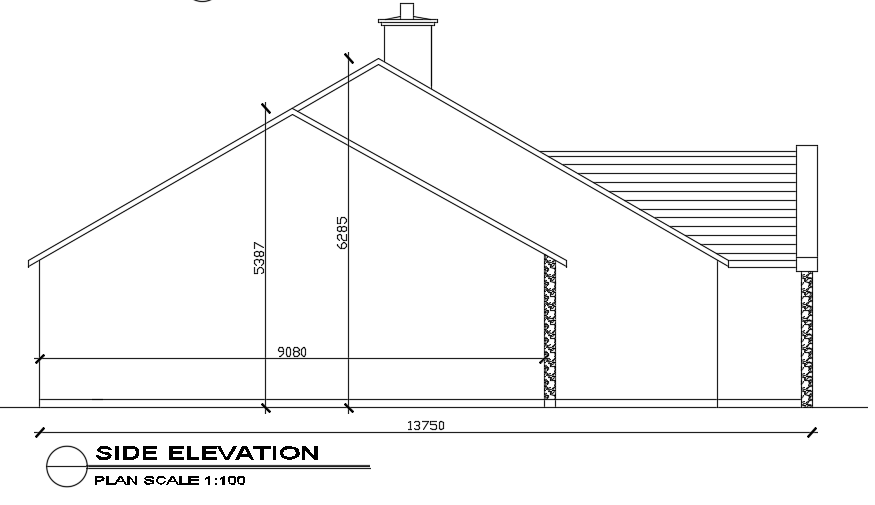 The left side elevation view of the 21x13m architecture 4bhk house building