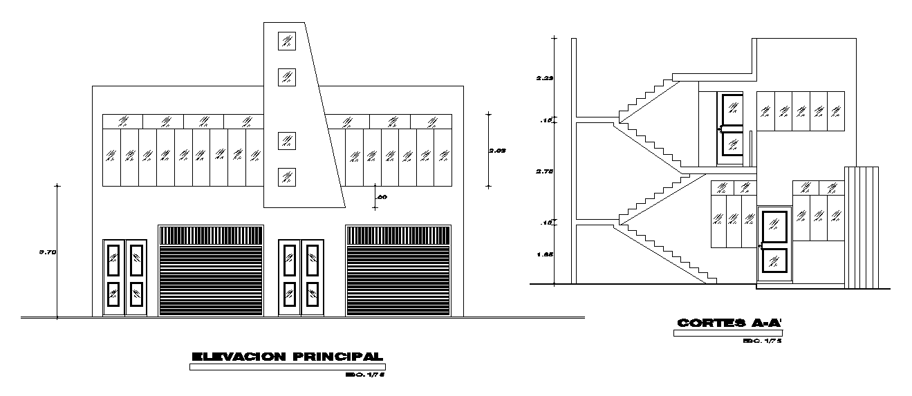 The left side elevation view of the 34x10m house building is given in this AutoCAD drawing model. Download now.