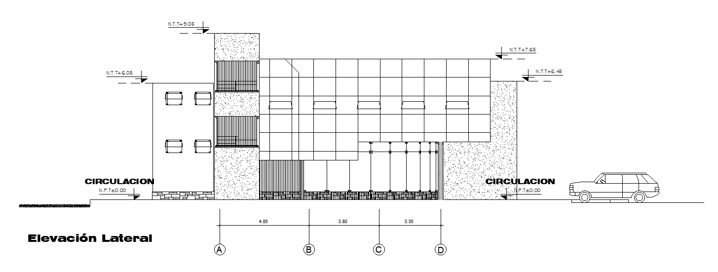The left side elevation view of the 35x15m office building is given in this AutoCAD drawing file.