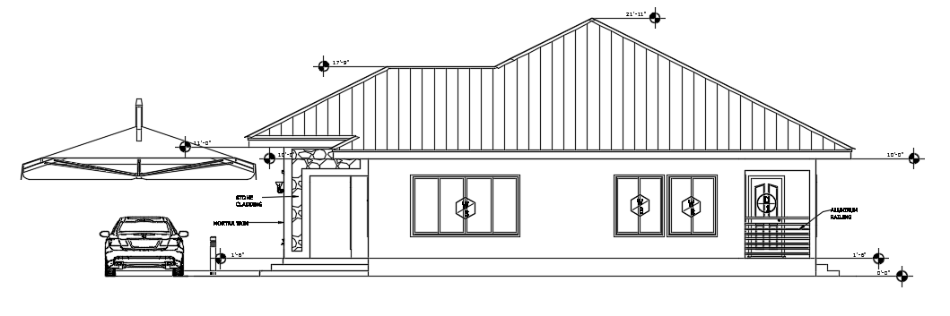 The left side elevation view of the 42’x45’ 2bhk house building drawing