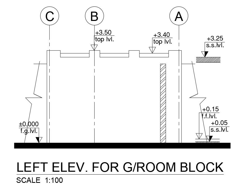 The left side elevation view of the 4x5m guest room is given in this AutoCAD drawing model. Download now.