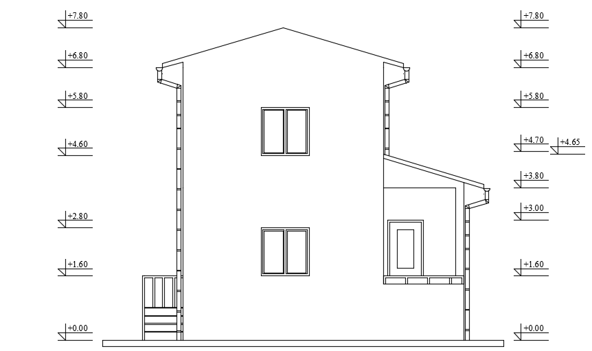The left side elevation view of the 6x5m house building 2d AutoCAD model is given in this file