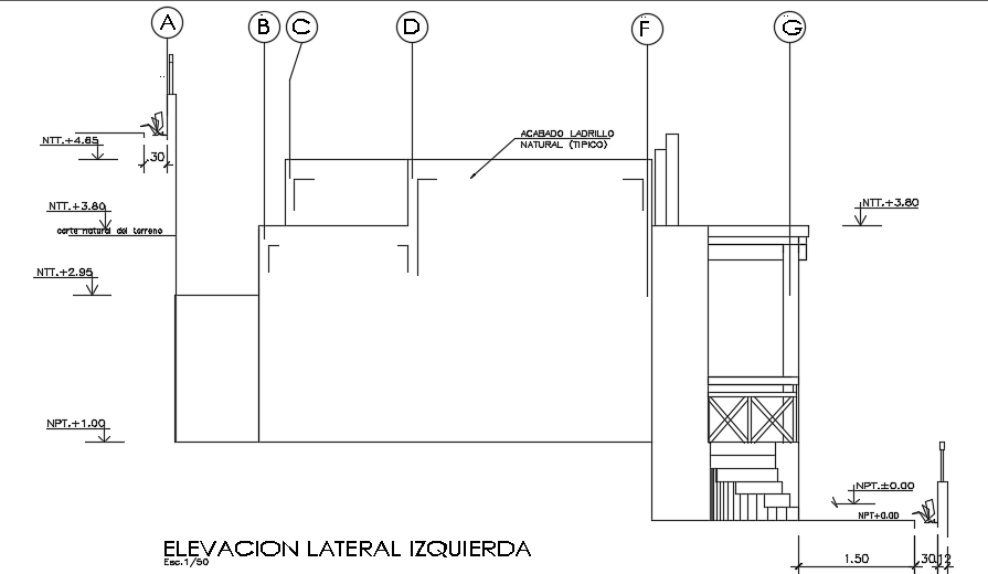 The left side elevation view of the 6x8m architecture one story house building cad drawing