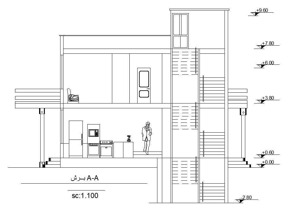 The left side elevation view of the 8x10m house building is given in this AutoCAD drawing model. Download now.