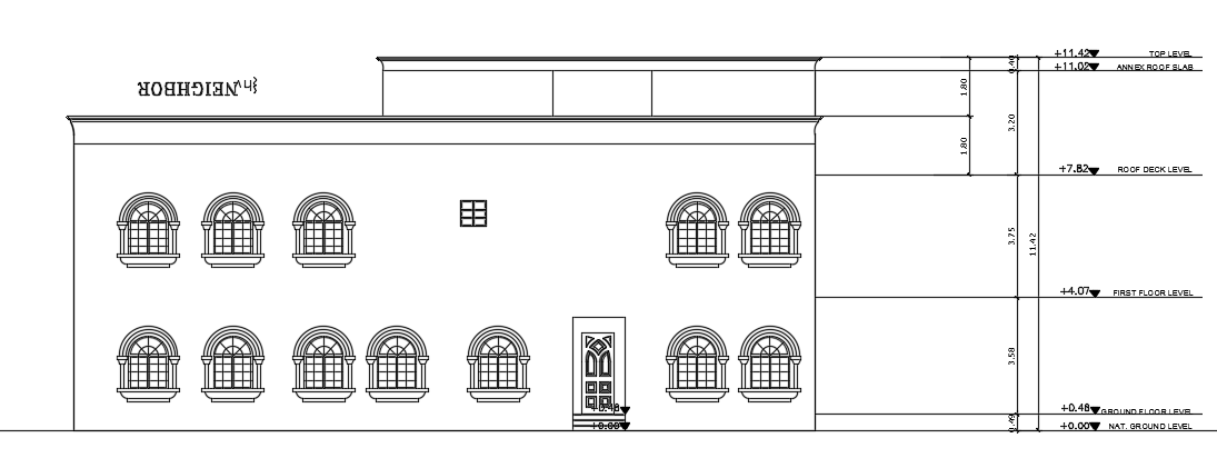 The left side elevation view of the 9x23m architecture house building cad drawing is provided in this file