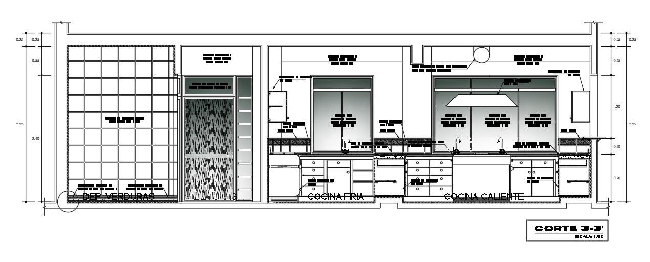 The left side interior section view of the 8x10m kitchen building is given in this AutoCAD drawing model. Download now.