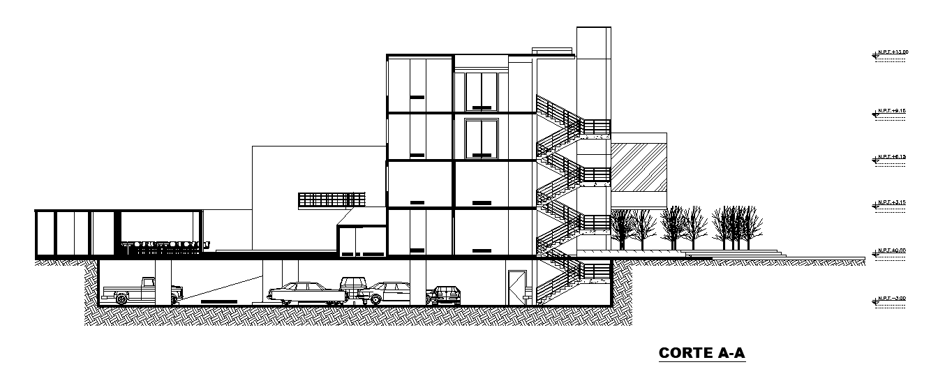 The left side section of the 68x32m commercial building is given in this AutoCAD drawing model.