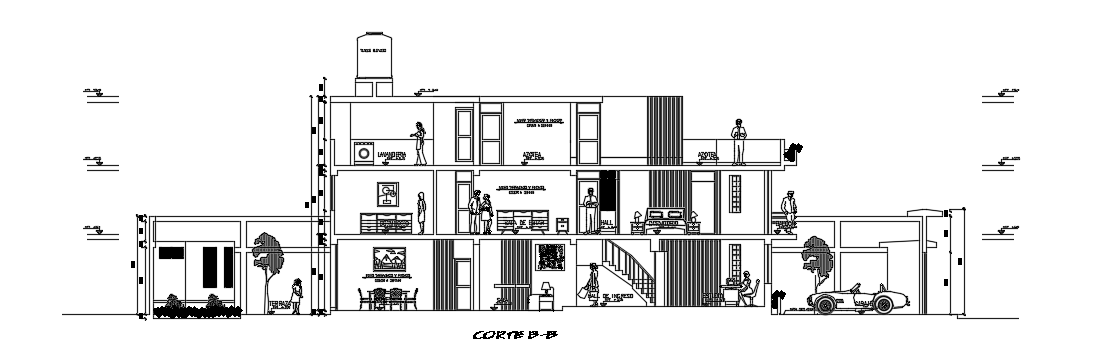 The left side section view of 10x30m villa building cad drawing