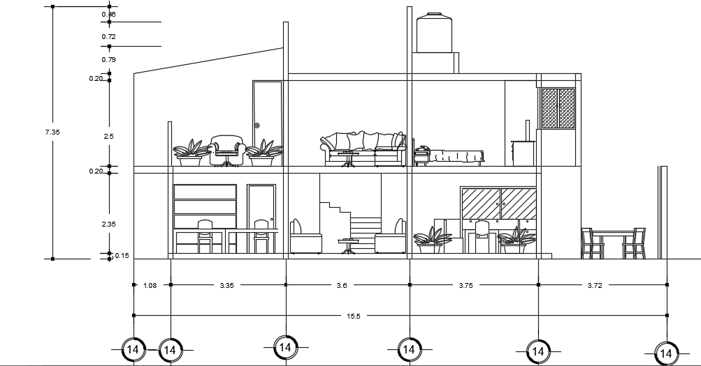 The left side section view of the 10x15m architecture two story house building