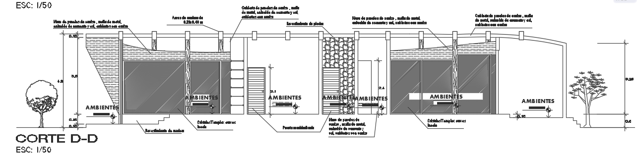 The left side section view of the 10x22m luxury bungalow house building cad drawing