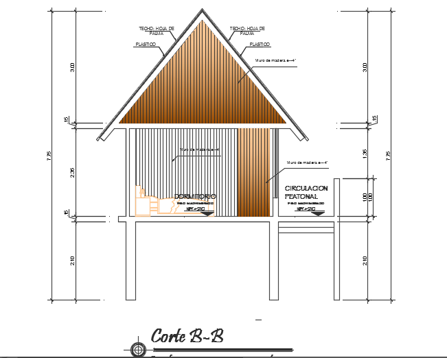 The left side section view of the 10x4m simple bungalow house building