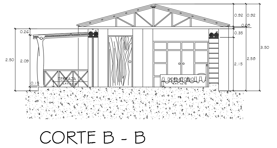 The left side section view of the 10x6m bungalow building AutoCAD drawing