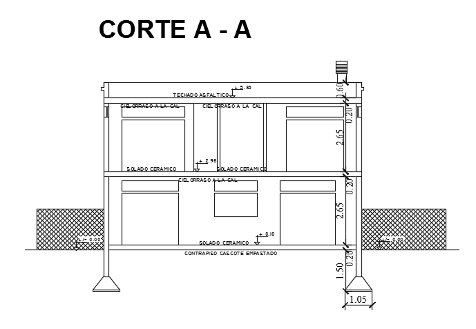 The left side section view of the 12x10m house building CAD drawing