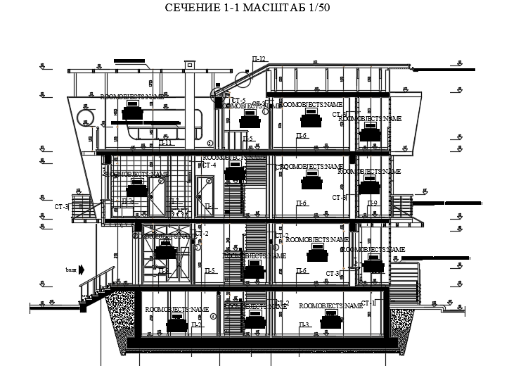 Left side section view of 12x15m house section CAD model plan