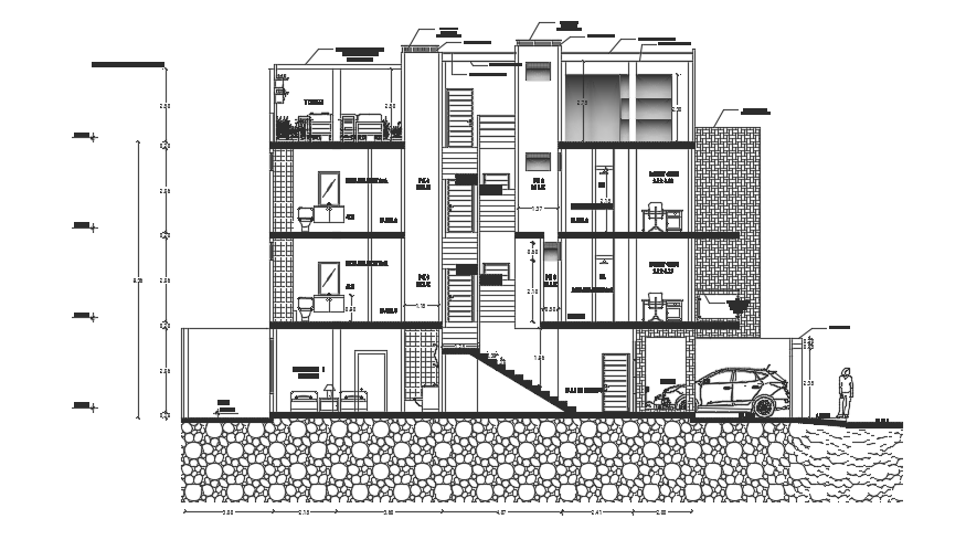 The left side section view of the 12x21m three story house building