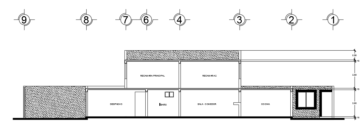 The left side section view of the 12x30m two story residential house building cad drawing