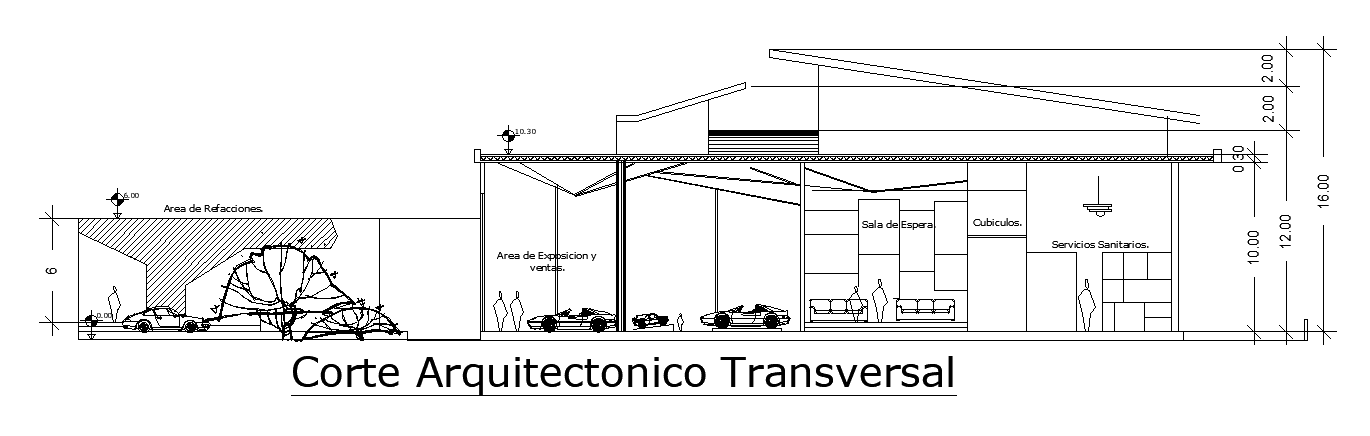The left side section view of the 147x103m office building CAD drawing