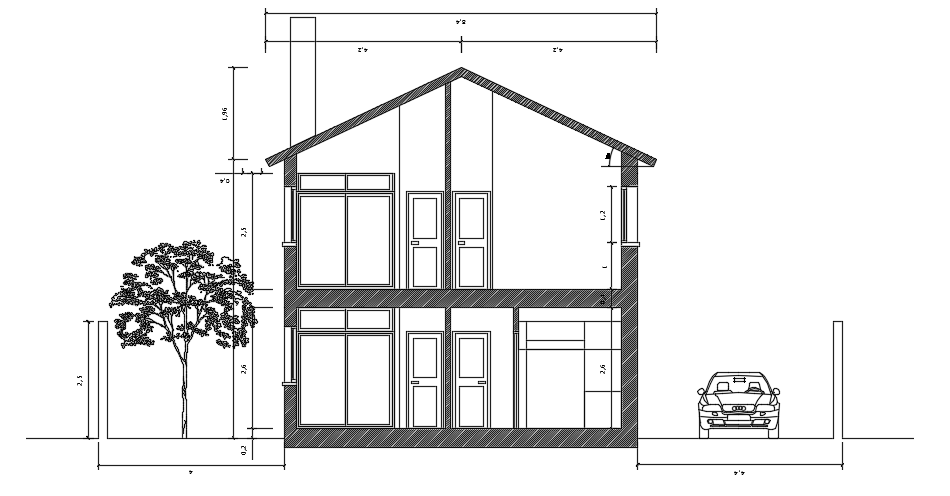 Left Side Section CAD Drawing of 14x12m Architecture House Building