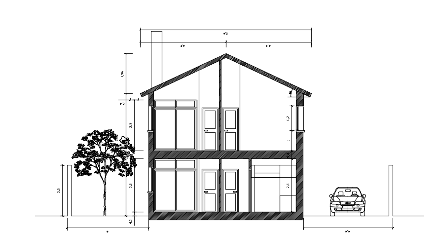 The left side section view of the 14x16m two story duplex house building
