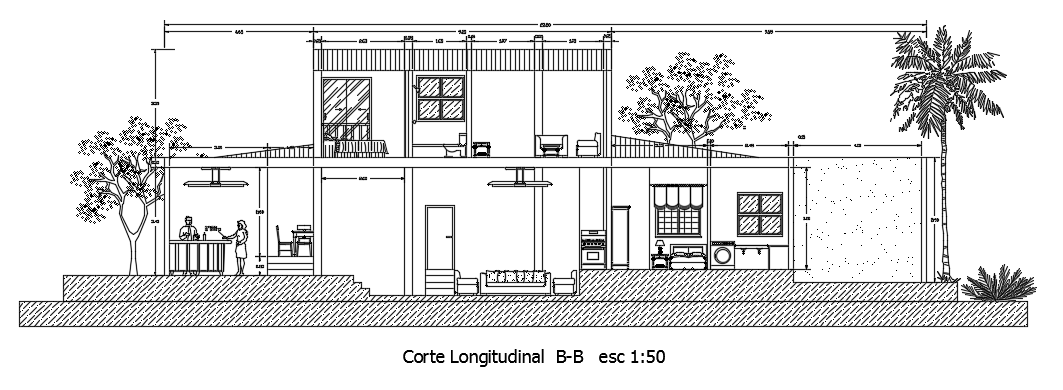 The left side section view of the 14x23m single family house building