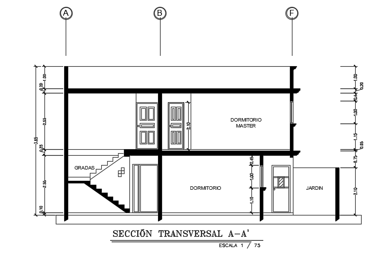 The left side section view of the 15x10m house building cad drawing