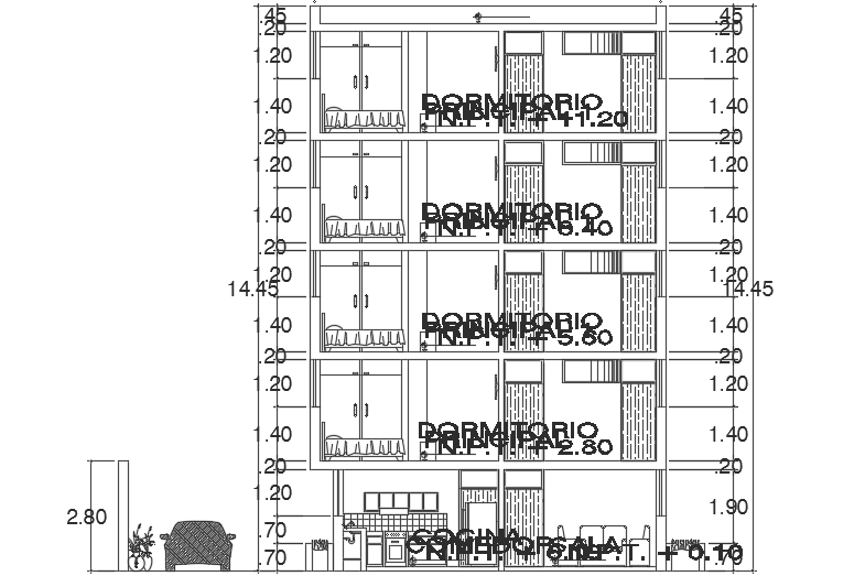 The left side section view of the 15x15m multifamily house building