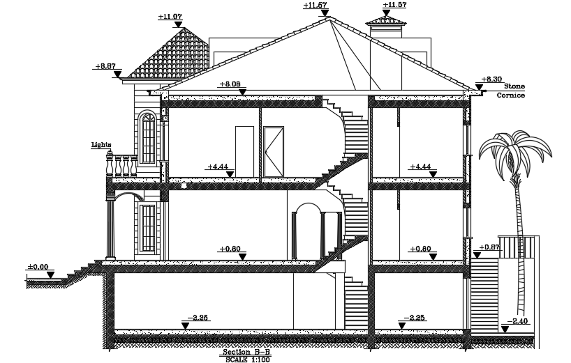 The left side section view of the 16x16m luxury villa building