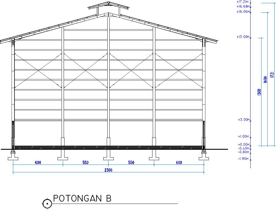 The left side section view of the 18x12m ware house building CAD drawing