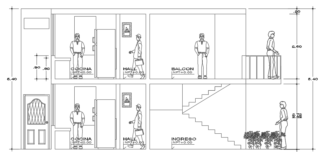The left side section view of the 18x9m 3bhk house building Autocad drawing