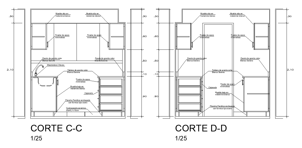 The left side section view of the 2000x5800mm kitchen is given in this AutoCAD drawing model. Download now.