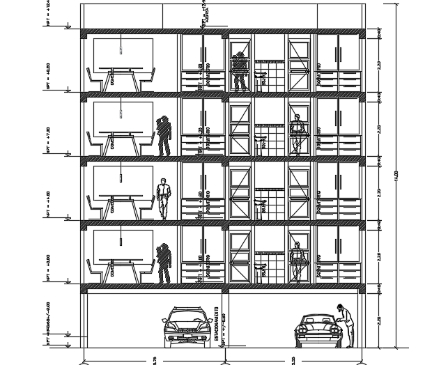 The left side section view of the 20x12m five story apartment building drawing