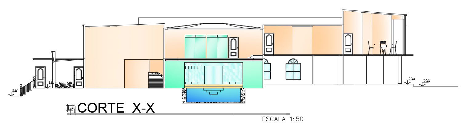 The left side section view of the 20x38m architecture house building is given in this AutoCAD drawing model.