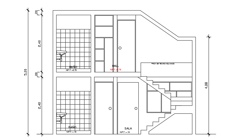 The left side section view of the 20x6m two story house building cad drawing model